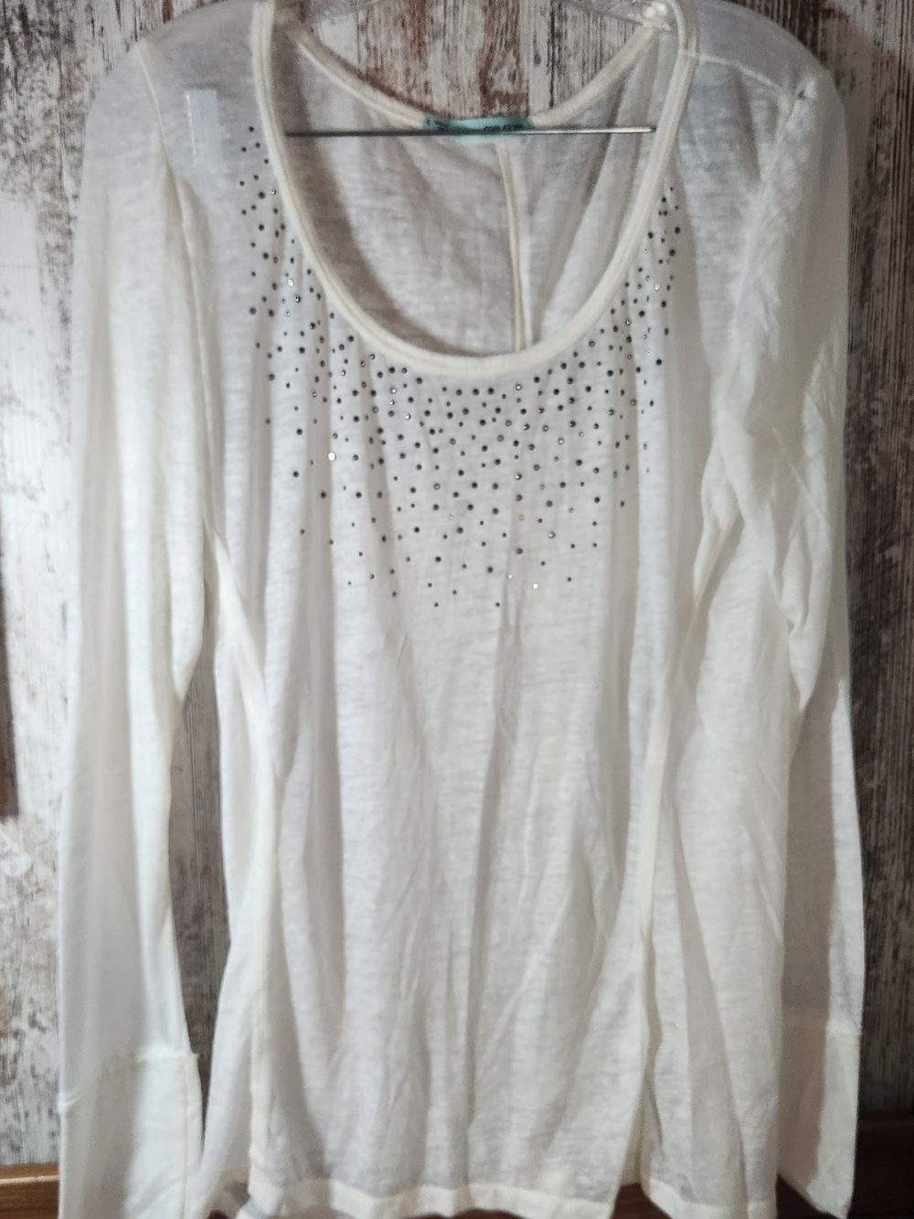 Maurices Ivory White Long Sleeve Scoop Neck Top with Stud Detail Lightweight